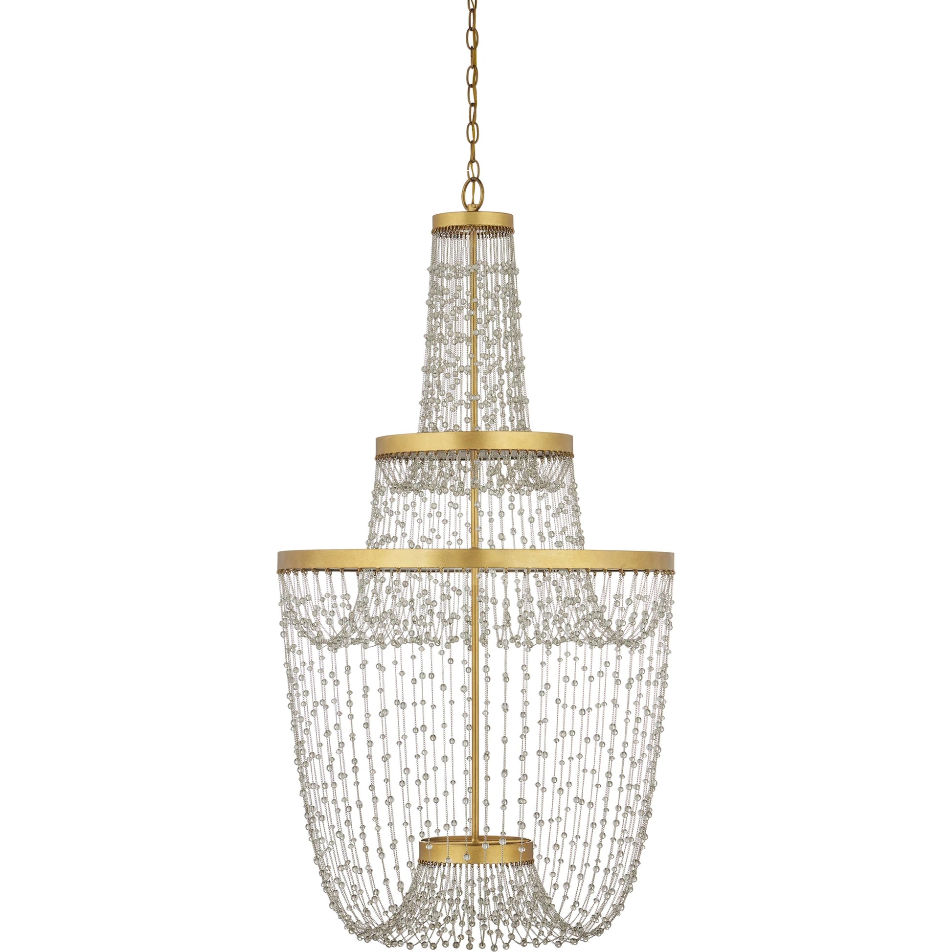 Mademoiselle Chandelier by Currey and Company in contemporary gold leaf, contemporary gold, clear. Made from glass beads, wrought iron in a unique style.