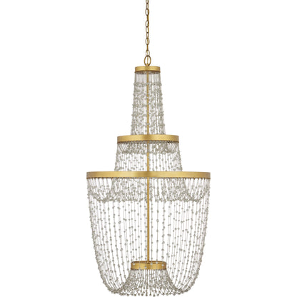 Mademoiselle Chandelier by Currey and Company in contemporary gold leaf, contemporary gold, clear. Made from glass beads, wrought iron in a unique style.