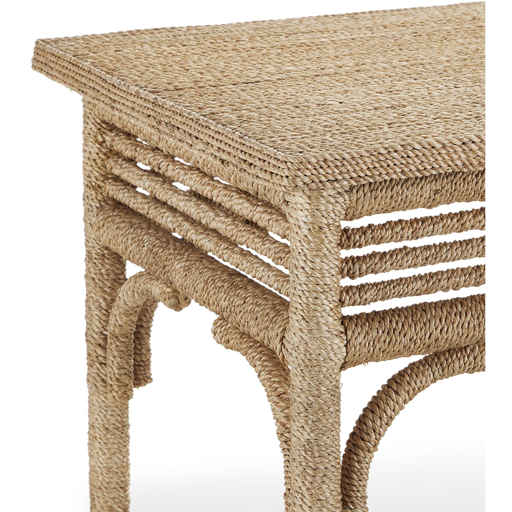 Olisa Rope Console Table by Currey and Company in natural, brown carafe. Made from abaca rope, wood, iron in a modern style.