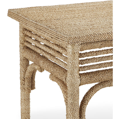 Olisa Rope Console Table by Currey and Company in natural, brown carafe. Made from abaca rope, wood, iron in a modern style.