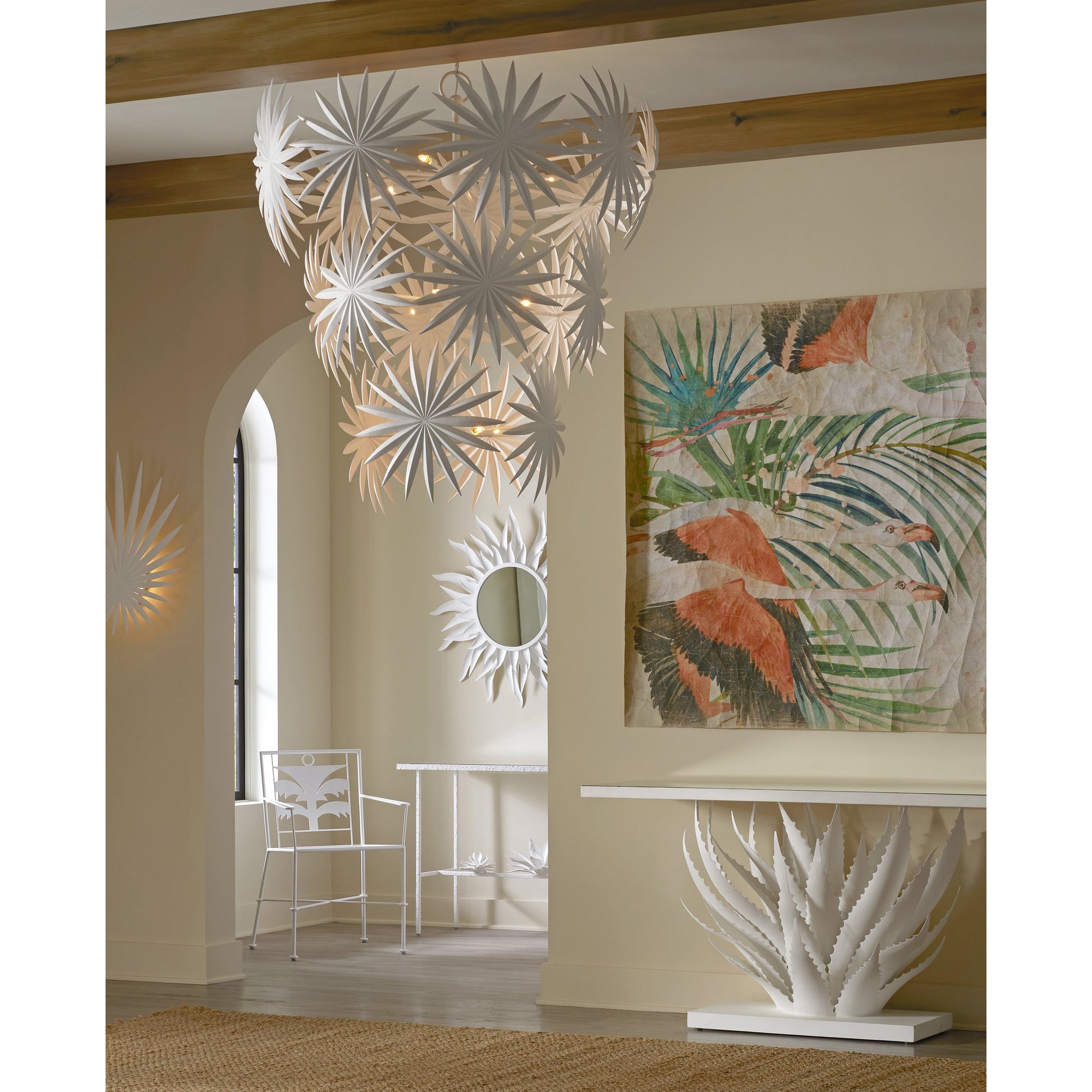 Bismarkia Chandelier by Currey and Company in gesso white. Made from wrought iron in a modern style.