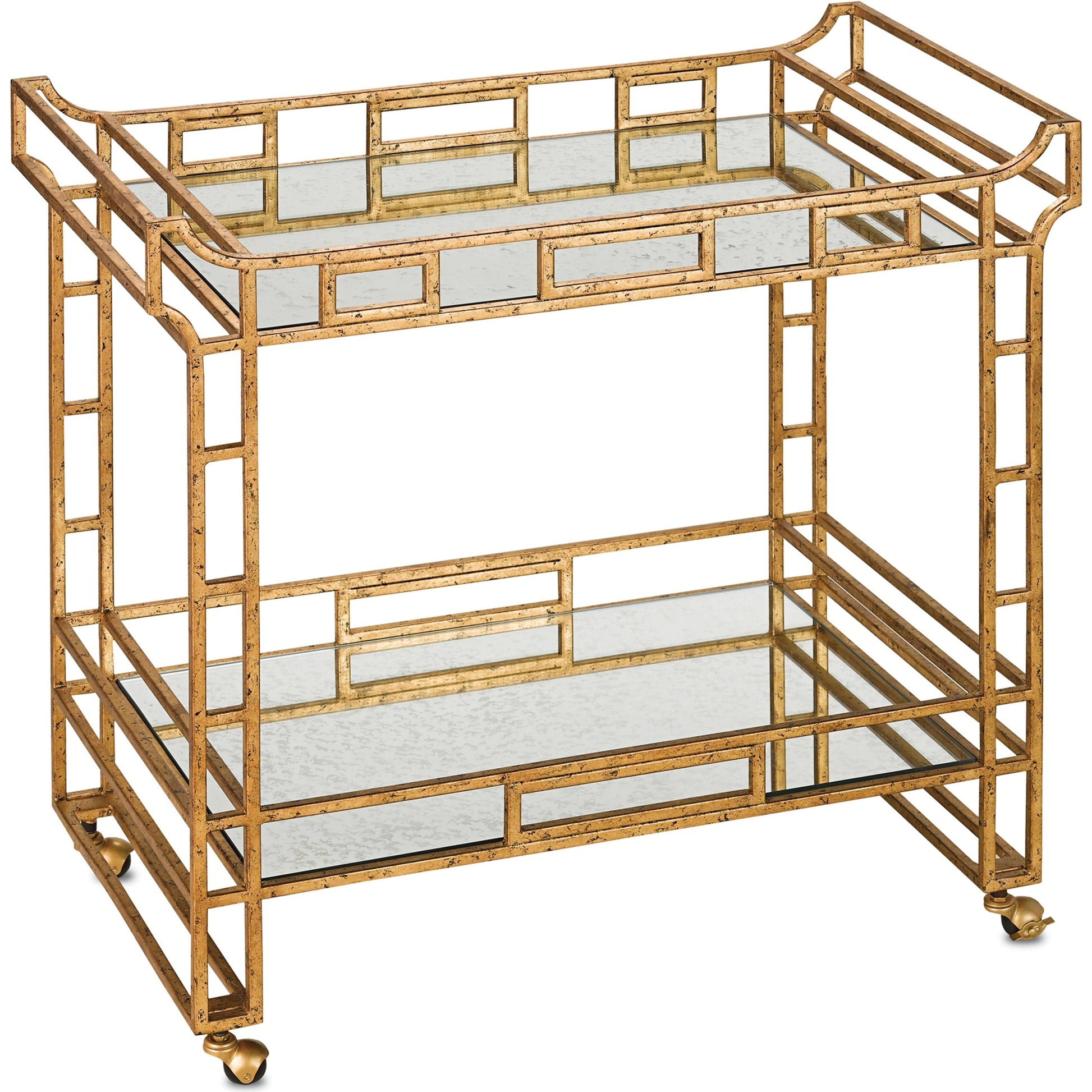 Odeon Bar Cart by Currey and Company in seneca gold leaf, light roche antique mirror. Made from wrought iron, mirror in a transitional style.
