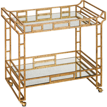 Odeon Bar Cart by Currey and Company in seneca gold leaf, light roche antique mirror. Made from wrought iron, mirror in a transitional style.