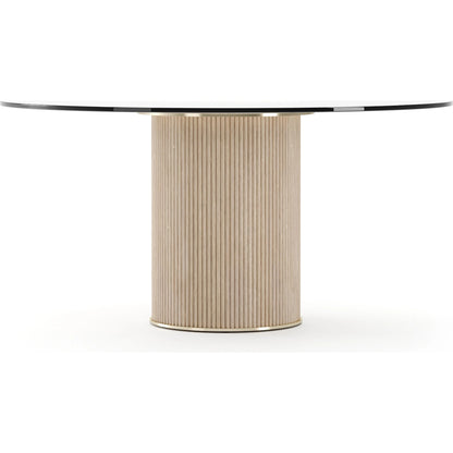 Rhythm Round Glass Top Dining Table by Caracole in oak, bronze and sun drenched oak. Made from oak in a transitional style.