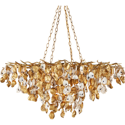Lucullan Chandelier by Currey and Company in contemporary gold leaf, contemporary gold, natural. Made from wrought iron, oyster shells in a unique style.