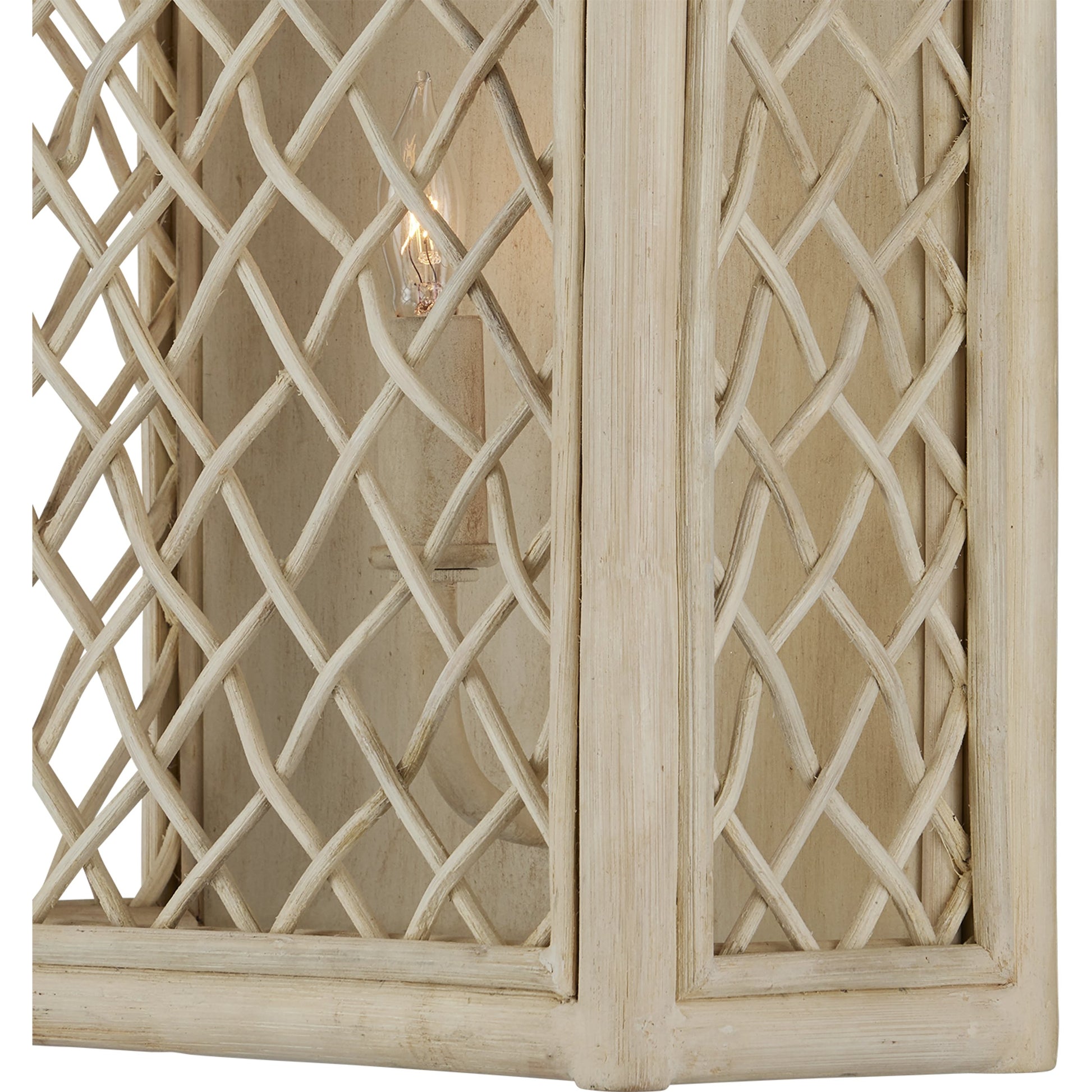 Wanstead Ivory Wall Sconce by Currey and Company in bleached natural, antique pearl. Made from rattan, wrought iron in a cottage & farmhouse style.