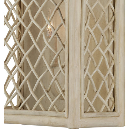 Wanstead Ivory Wall Sconce by Currey and Company in bleached natural, antique pearl. Made from rattan, wrought iron in a cottage & farmhouse style.