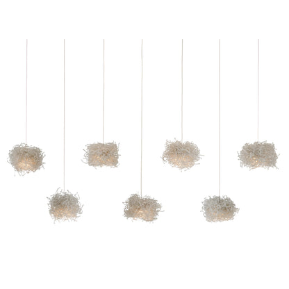 Birds Nest Rectangular 7-LIGHT Multi-Drop Pendant by Currey and Company in clear, silver. Made from glass bead in a modern style.
