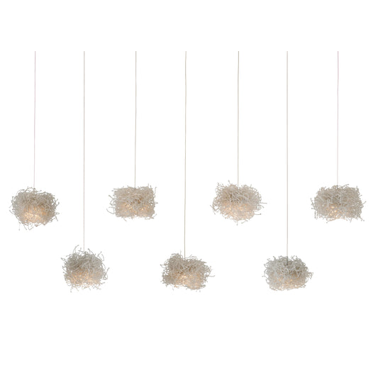Birds Nest Rectangular 7-LIGHT Multi-Drop Pendant by Currey and Company in clear, silver. Made from glass bead in a modern style.