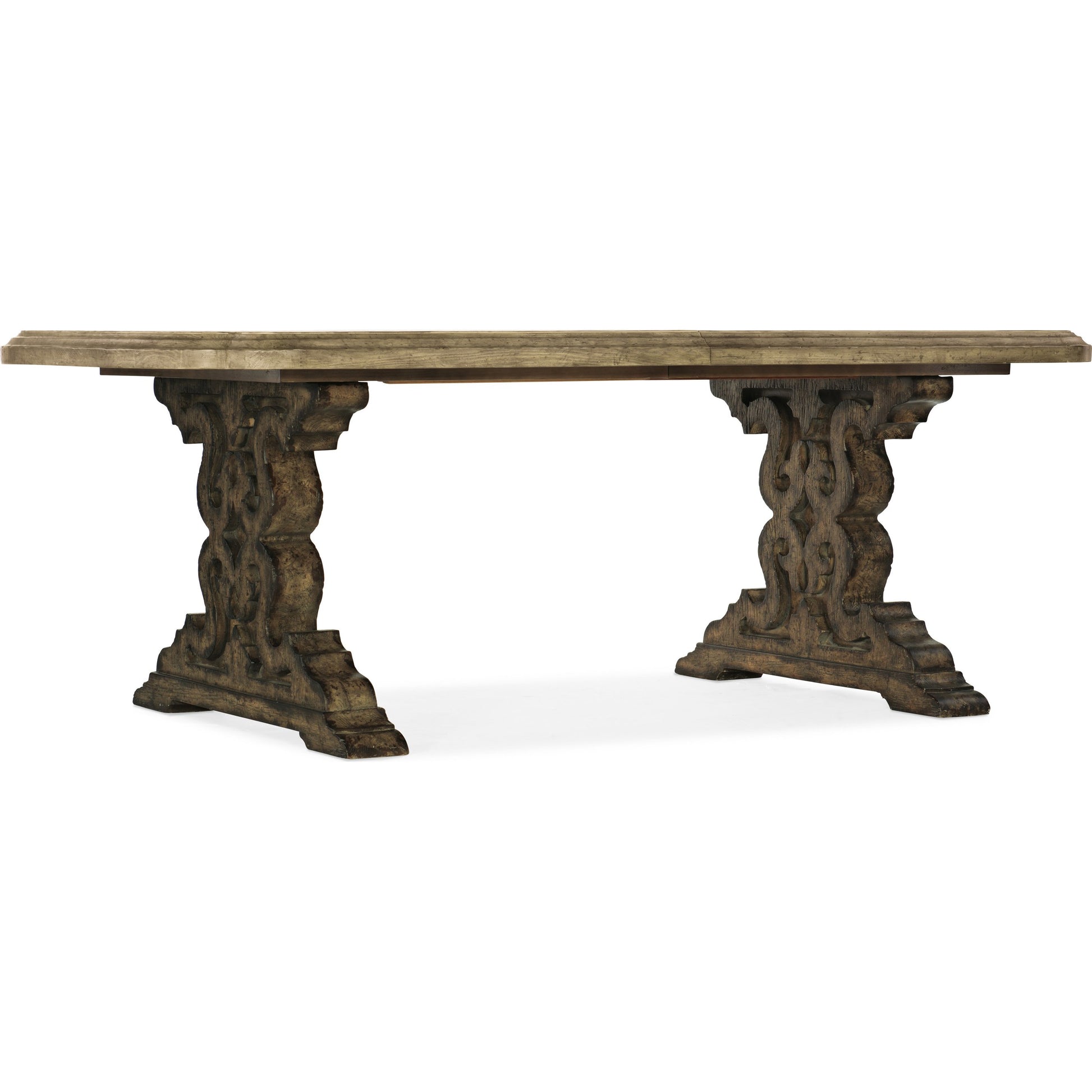 La Grange Le Vieux Double Pedestal Table by Hooker Furniture in flemish, barn wood. Made from pecky hickory veneer, resin, solid-wood edge top in a traditional style.
