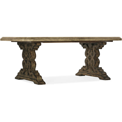 La Grange Le Vieux Double Pedestal Table by Hooker Furniture in flemish, barn wood. Made from pecky hickory veneer, resin, solid-wood edge top in a traditional style.