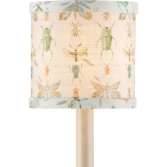 Bug Parade Drum Chandelier Shade by Currey and Company in multi-color and ivory, green, yellow, blue, orange. Made from cotton in a cottage & farmhouse style.