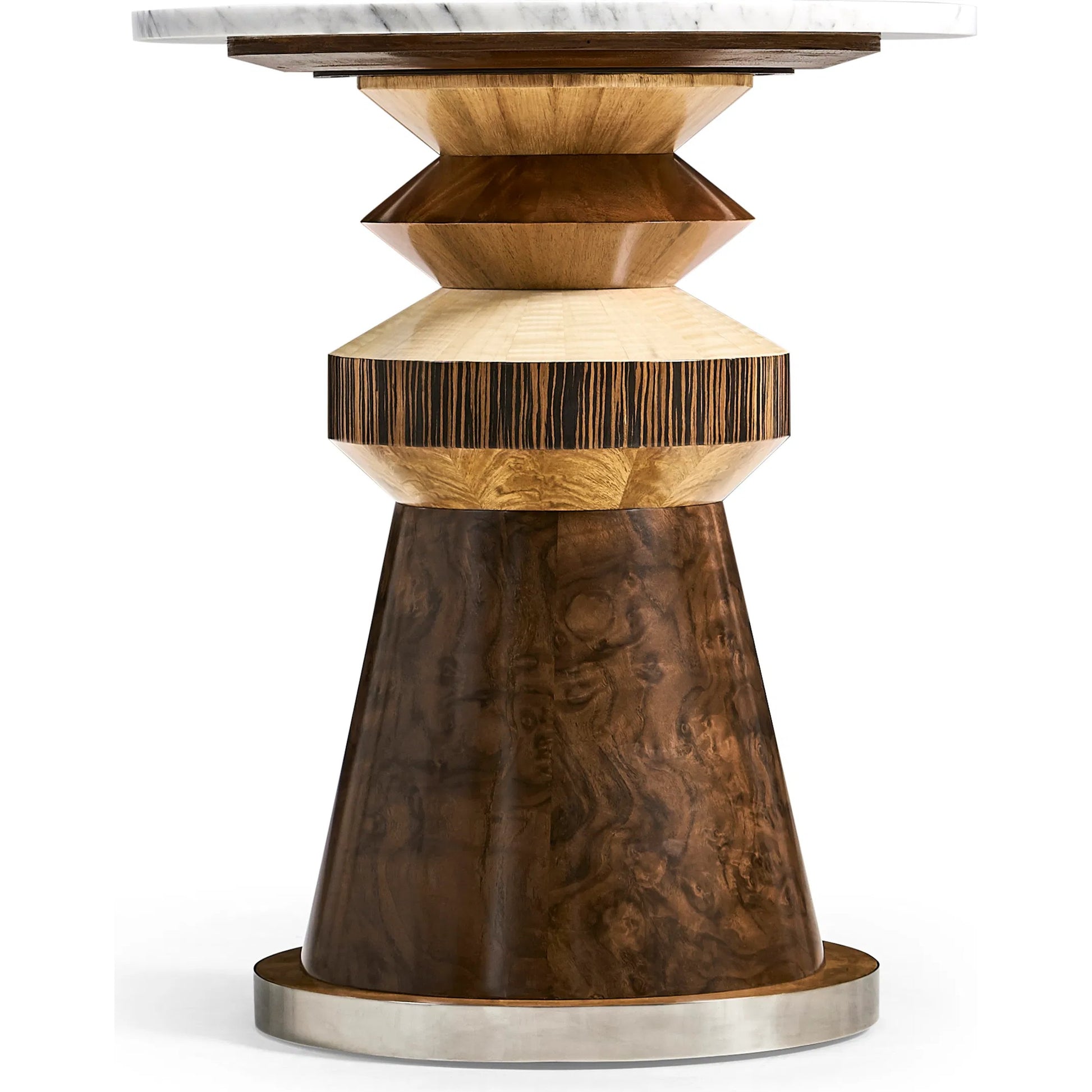 Rook Round Accent Table by Jonathan Charles in brown and mingle mangle, carrera marble. Made from marble, stainless steel, veneers: walnut burl, cerajeira, ebony, maple, chestnut, eucalyptus in a modern style.