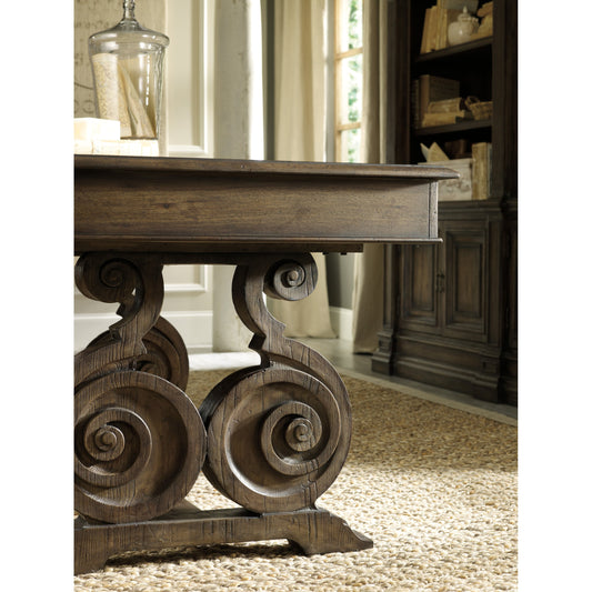 Rhapsody Writing Desk by Hooker Furniture in rustic walnut. Made from pecan, hickory, ash, black walnut, maple veneers with resin in a traditional style.