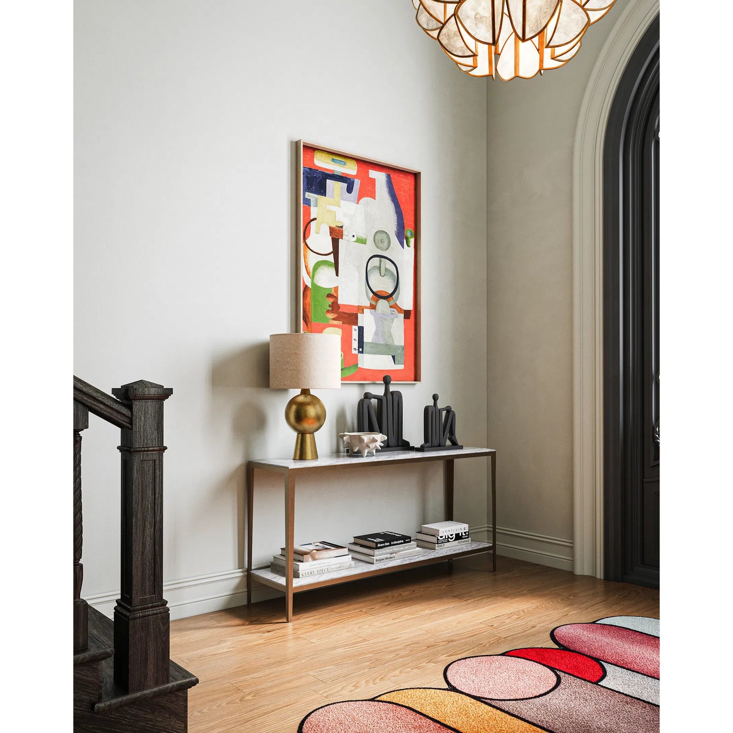 006 SI-2387119 | Lifestyle | Oblique Marble Console Table by Currey and Company in natural, antique brass. Made from white lilac marble, iron, engineered wood in a modern style.