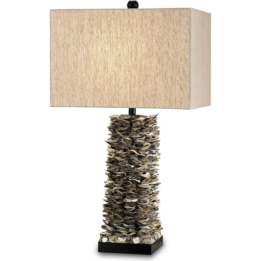 Villamare Table Lamp by Currey and Company in natural, satin black. Made from shell, concrete, wood in a coastal style.