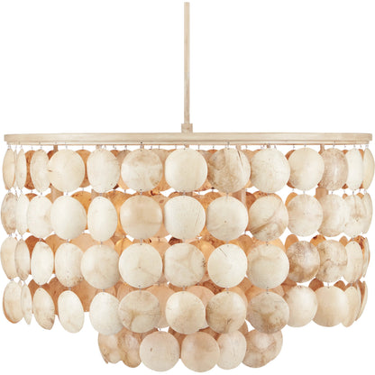 Buko Chandelier by Currey and Company in coco cream. Made from wrought iron, coco shell in a coastal style.