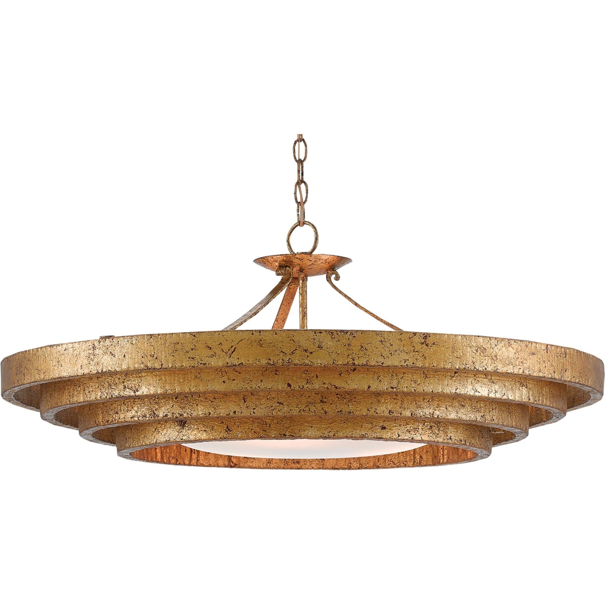 Belle Chandelier by Currey and Company in gold leaf, white. Made from wrought iron, glass in a modern style.