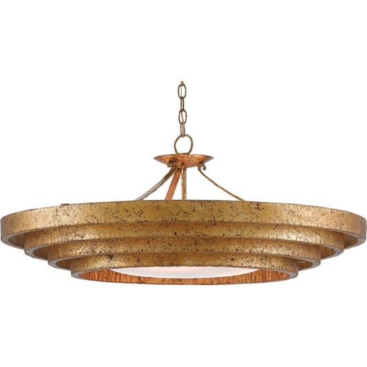 Belle Chandelier by Currey and Company in gold leaf, white. Made from wrought iron, glass in a modern style.