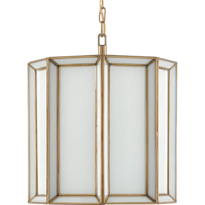 Daze Pendant by Currey and Company in antique brass, white. Made from brass, iron, milk glass in a modern style.