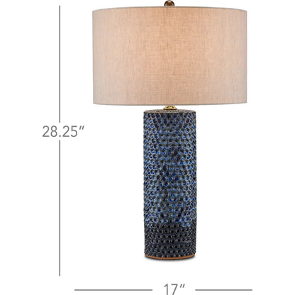 Polka Dot Table Lamp by Currey and Company in reactive blue, polished brass. Made from ceramic in a modern style.
