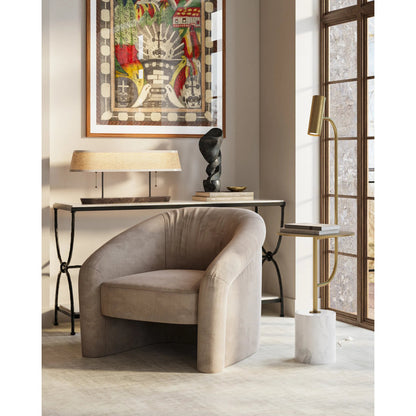 Agora White Travertine Console Table by Currey and Company in natural, rustic bronze. Made from white travertine, wrought iron in a modern style.