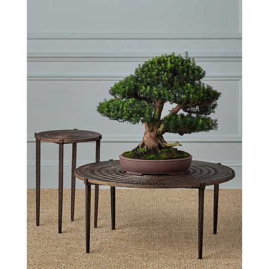 Unity Cocktail Table by Currey and Company in antique bronze, dark bronze. Made from cast aluminum in a rustic style.