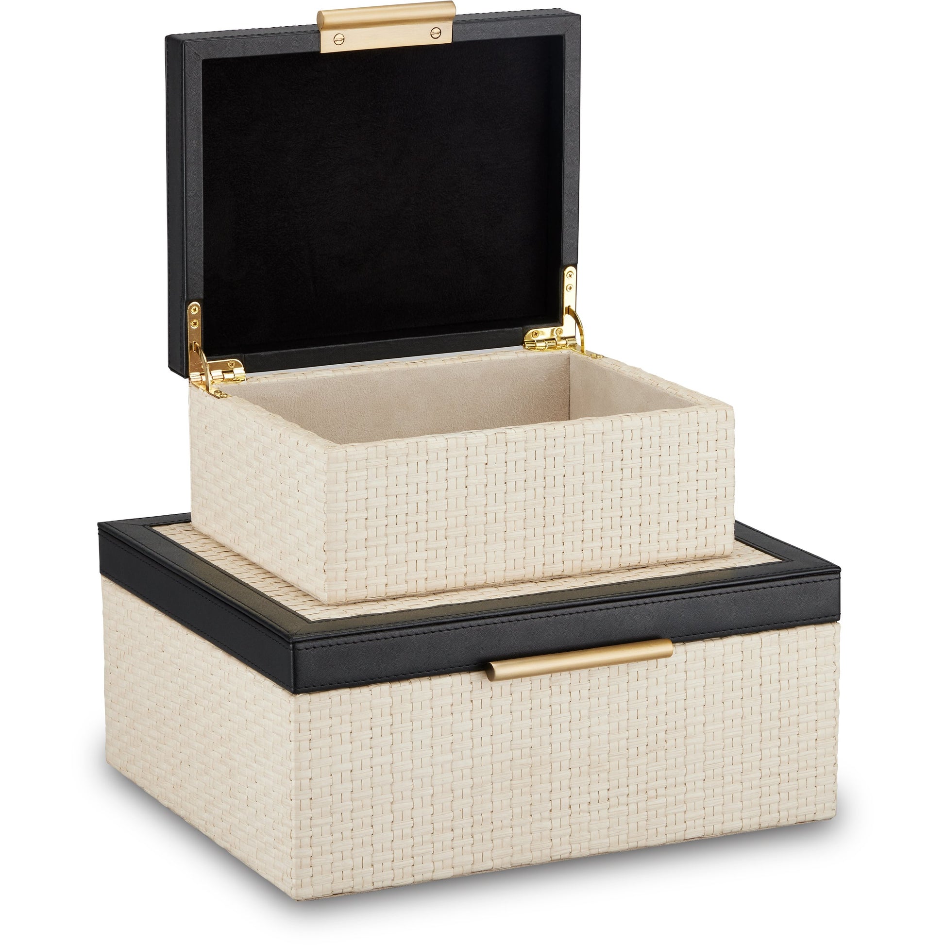 Deanna Box Set by Currey and Company in ivory, black, light antique brass, beige. Made from raffia, leather, brass, microsuede, mdf in a modern style.
