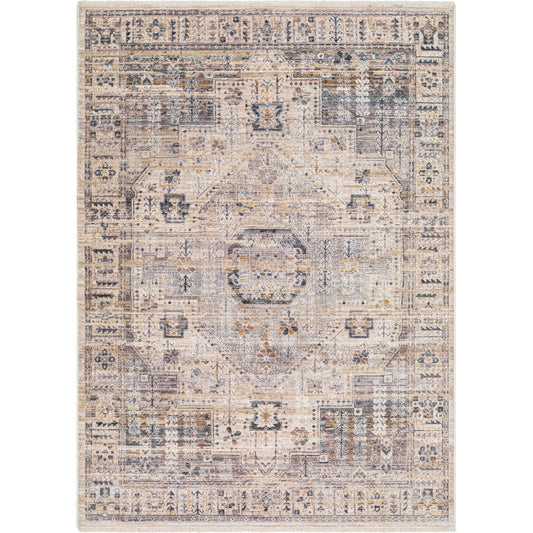 Aida Rug by Livabliss in beige, medium gray, tan, ivory, deep teal, charcoal. Made from main: 100% polyester in a traditional style.