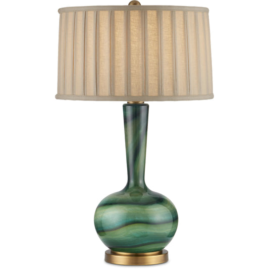 Lamartine Table Lamp by Currey and Company in green, antique brass. Made from glass, metal in a modern style.