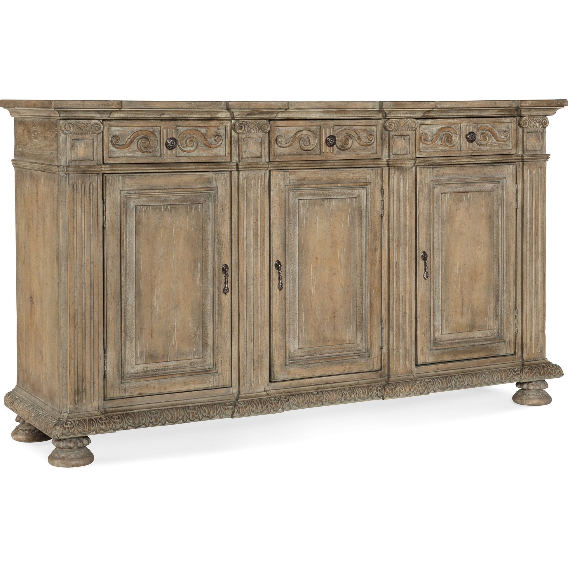 Castella Credenza by Hooker Furniture in antique slate. Made from quartered walnut, quartered black walnut, quartered ash, maple veneers in a traditional style.