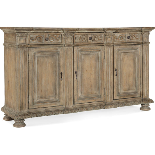 Castella Credenza by Hooker Furniture in antique slate. Made from quartered walnut, quartered black walnut, quartered ash, maple veneers in a traditional style.