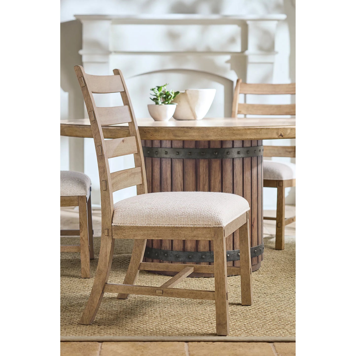 006 SI-2250718 | Lifestyle | Vineyard Row Ladderback Side Chair by Hooker Furniture in beige and sonoma. Made from 57% polyester, 43% cationic poly in a transitional style.