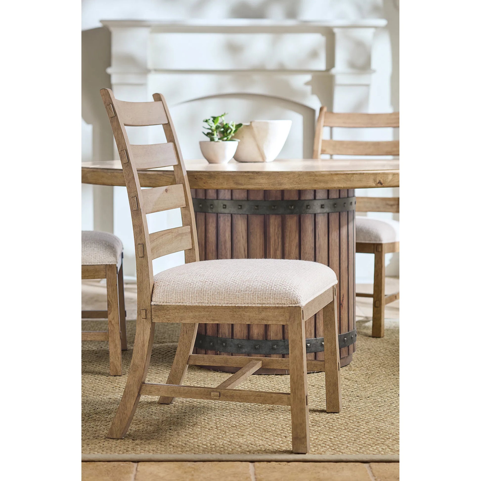 Vineyard Row Ladderback Side Chair by Hooker Furniture in beige and sonoma. Made from 57% polyester, 43% cationic poly in a transitional style.