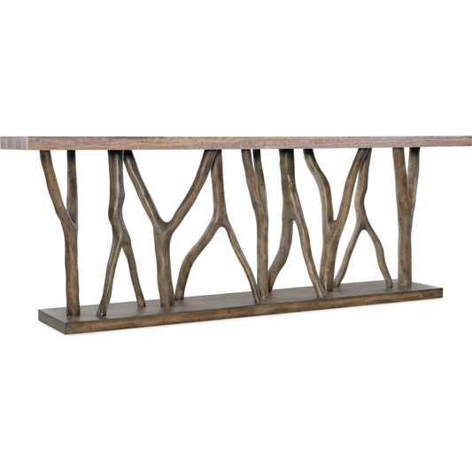 Sundance Console Table by Hooker Furniture in dark natural wood. Made from pecan veneers with stone veneer, resin in a modern style.