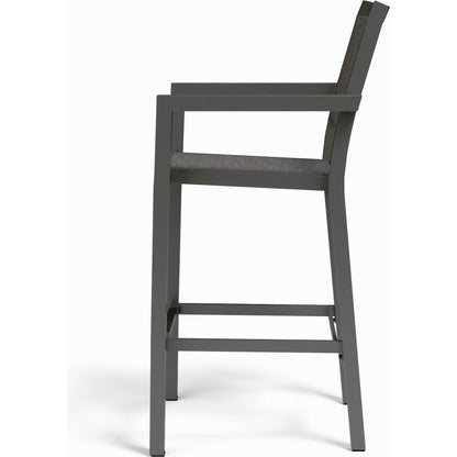 Vegas Outdoor Sling Barstool by Sunset West in graphite. Made from aluminum in a modern style.