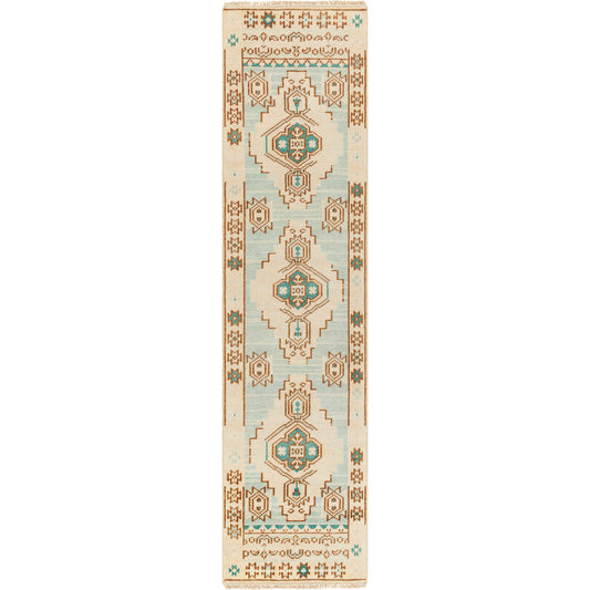 Anadolu AAU-2300 Rug by Surya in teal, brown, pale pink, seafoam, cream. Made from 70% wool, 30% viscose in a unique style.