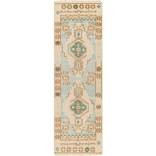 Anadolu AAU-2300 Rug by Surya in teal, brown, pale pink, seafoam, cream. Made from 70% wool, 30% viscose in a unique style.