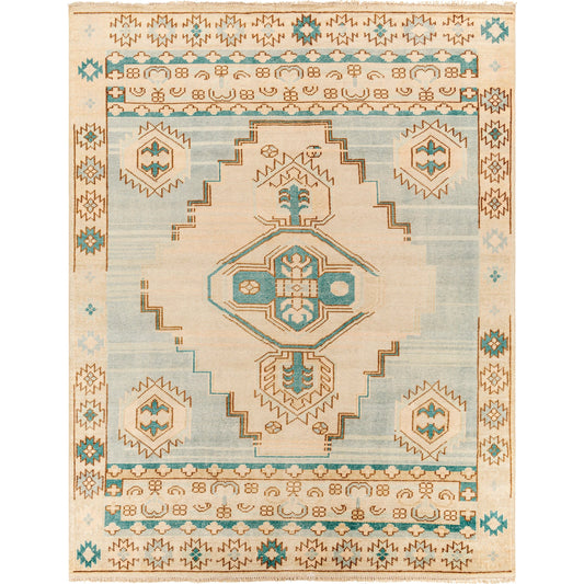 Anadolu AAU-2300 Rug by Surya in teal, brown, pale pink, seafoam, cream. Made from 70% wool, 30% viscose in a unique style.