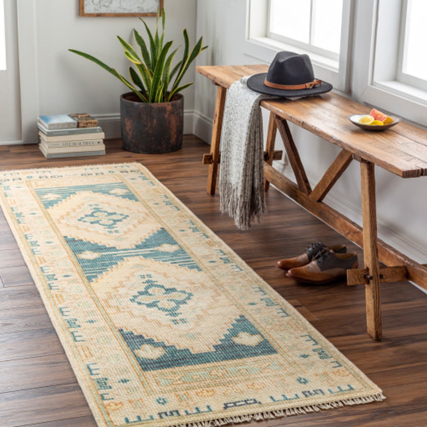 006 SI-1876332 | Lifestyle | Anadolu AAU-2301 Rug by Surya in teal, deep teal, cream, brown, seafoam, pale pink. Made from unique in a unique style.
