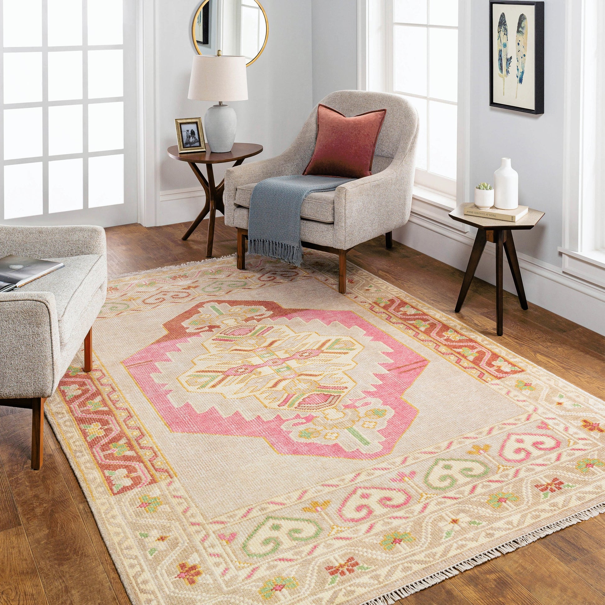 Anadolu Rug - 29980 by Surya in dusty pink, rose, beige, seafoam, wheat, cream. Made from 70% wool, 30% viscose in a unique style.