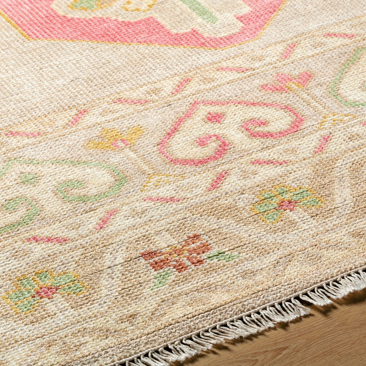 007 SI-1876342,SI-1876343,SI-1876344 | Closeup | Anadolu Rug - 29980 by Surya in dusty pink, rose, beige, seafoam, wheat, cream. Made from 70% wool, 30% viscose in a unique style.