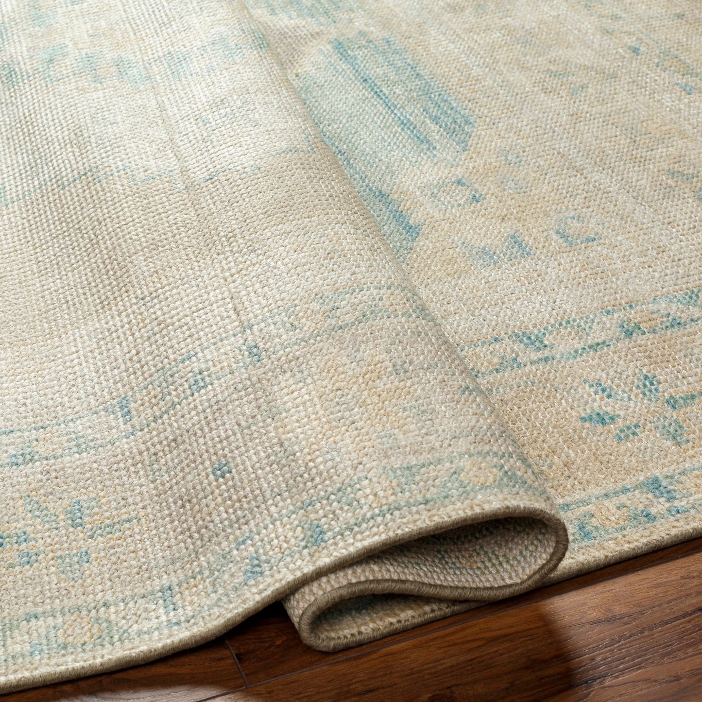 005 SI-1876345,SI-1876346,SI-1876347,SI-1876348,SI-1876349 | Closeup | Anadolu Rug - 30381 by Surya in beige, seafoam, light sage, cream. Made from 70% wool, 30% viscose in a unique style.