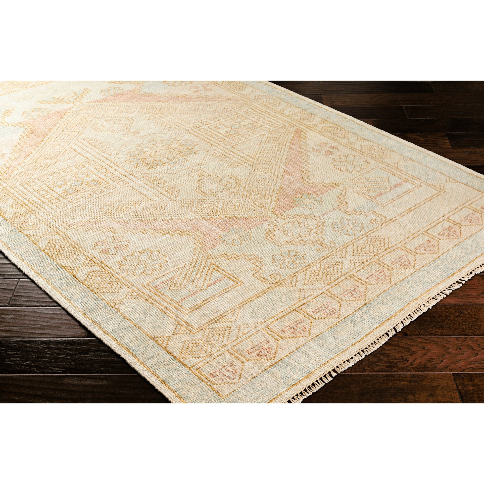 Anadolu Rug - 30385 by Surya in blue, pale pink, light blue, camel, cream. Made from 70% wool, 30% viscose in a unique style.