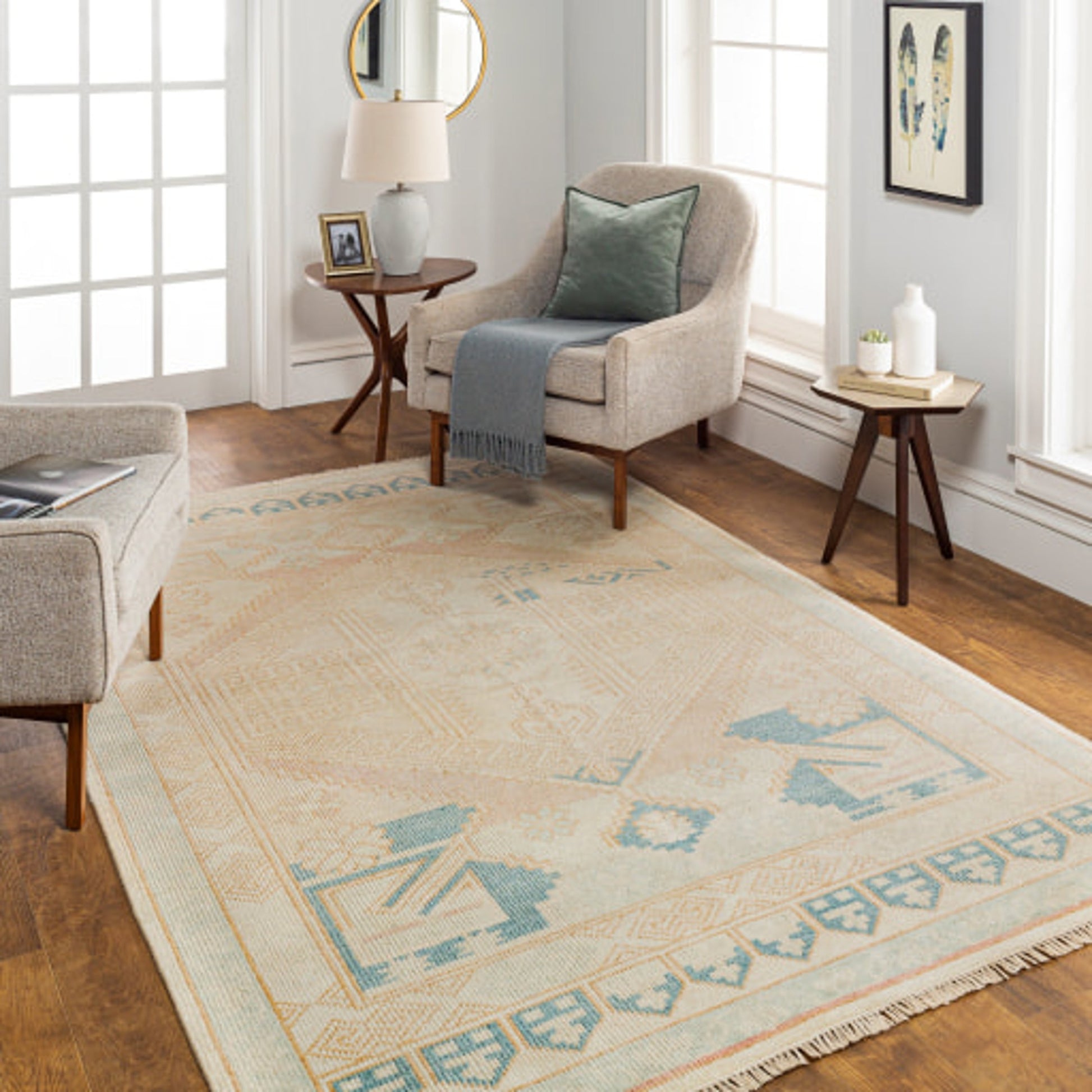Anadolu Rug - 30385 by Surya in blue, pale pink, light blue, camel, cream. Made from 70% wool, 30% viscose in a unique style.