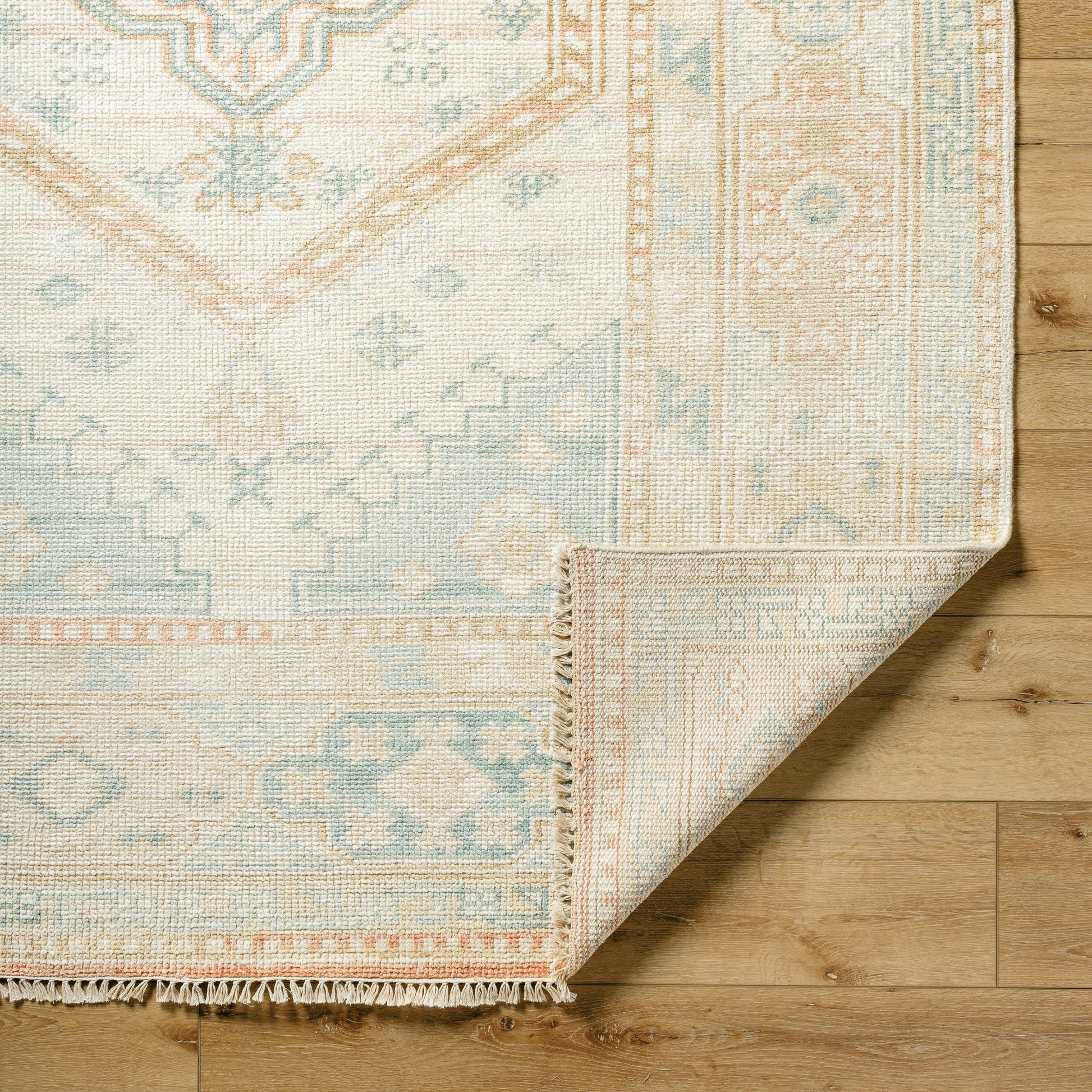 Anadolu Rug - 30387 by Surya in seafoam, beige, rose, tan. Made from 70% wool, 30% viscose in a unique style.