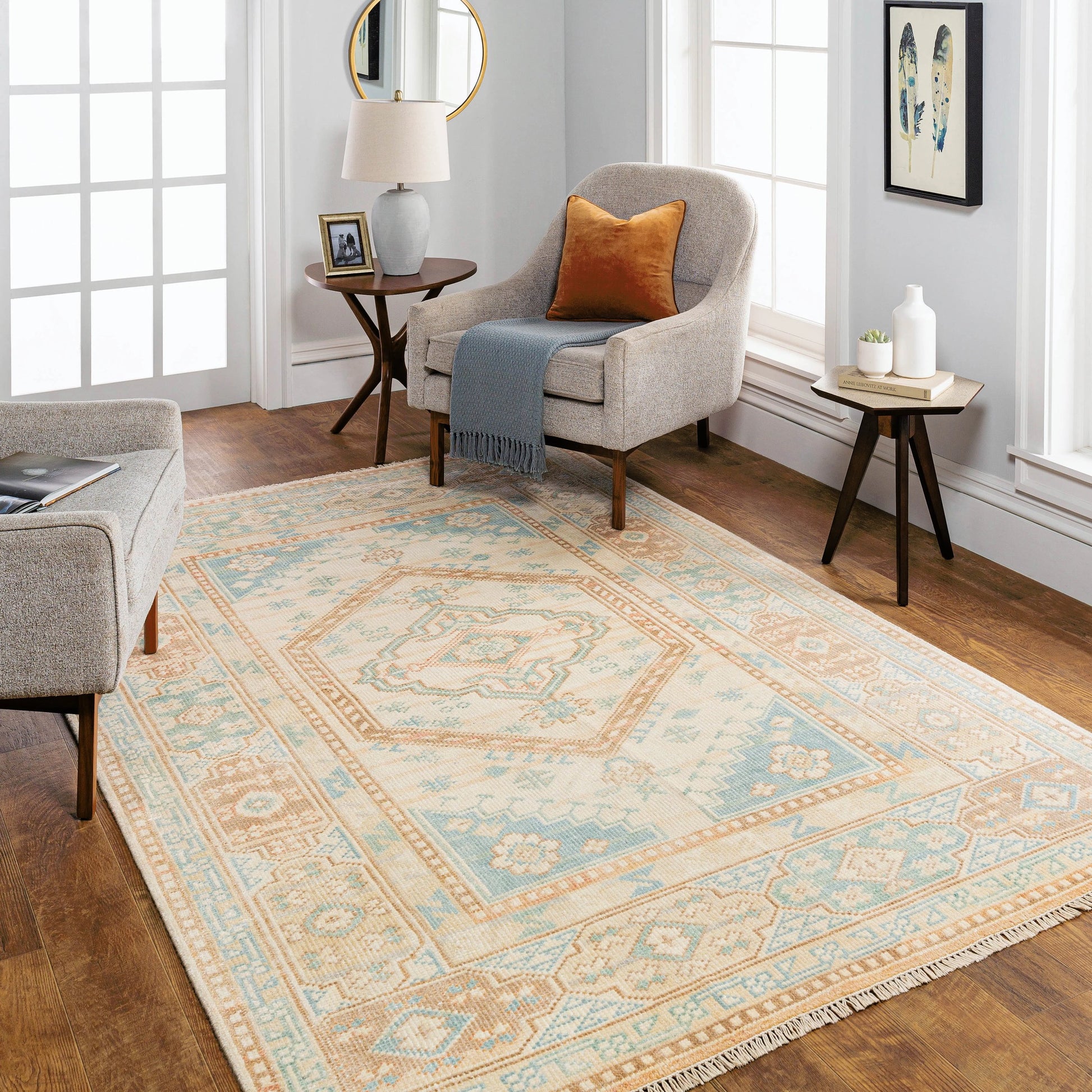 Anadolu Rug - 30387 by Surya in seafoam, beige, rose, tan. Made from 70% wool, 30% viscose in a unique style.