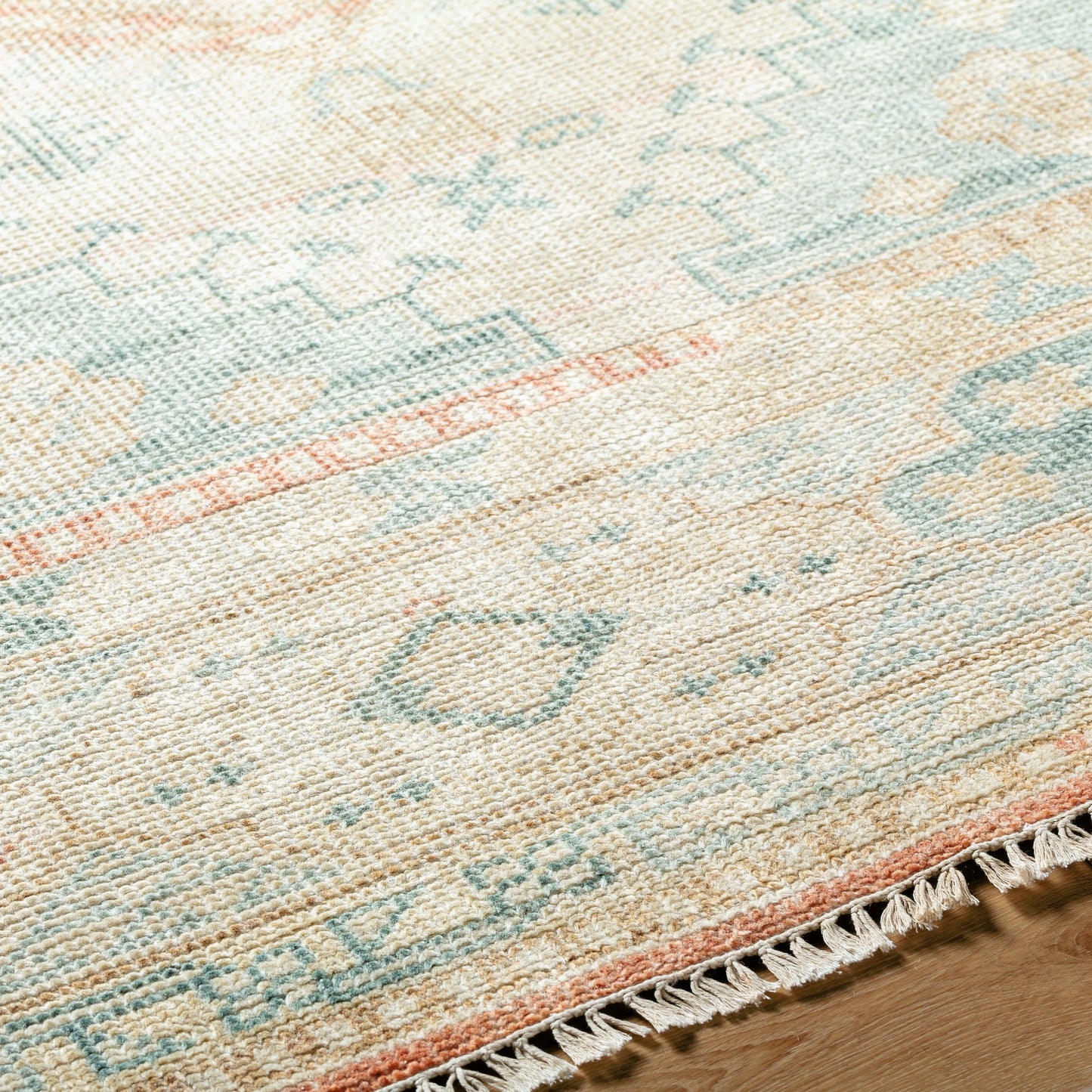 006 SI-1876382,SI-1876383,SI-1876384,SI-1876385,SI-1876386 | Closeup | Anadolu Rug - 30387 by Surya in seafoam, beige, rose, tan. Made from 70% wool, 30% viscose in a unique style.