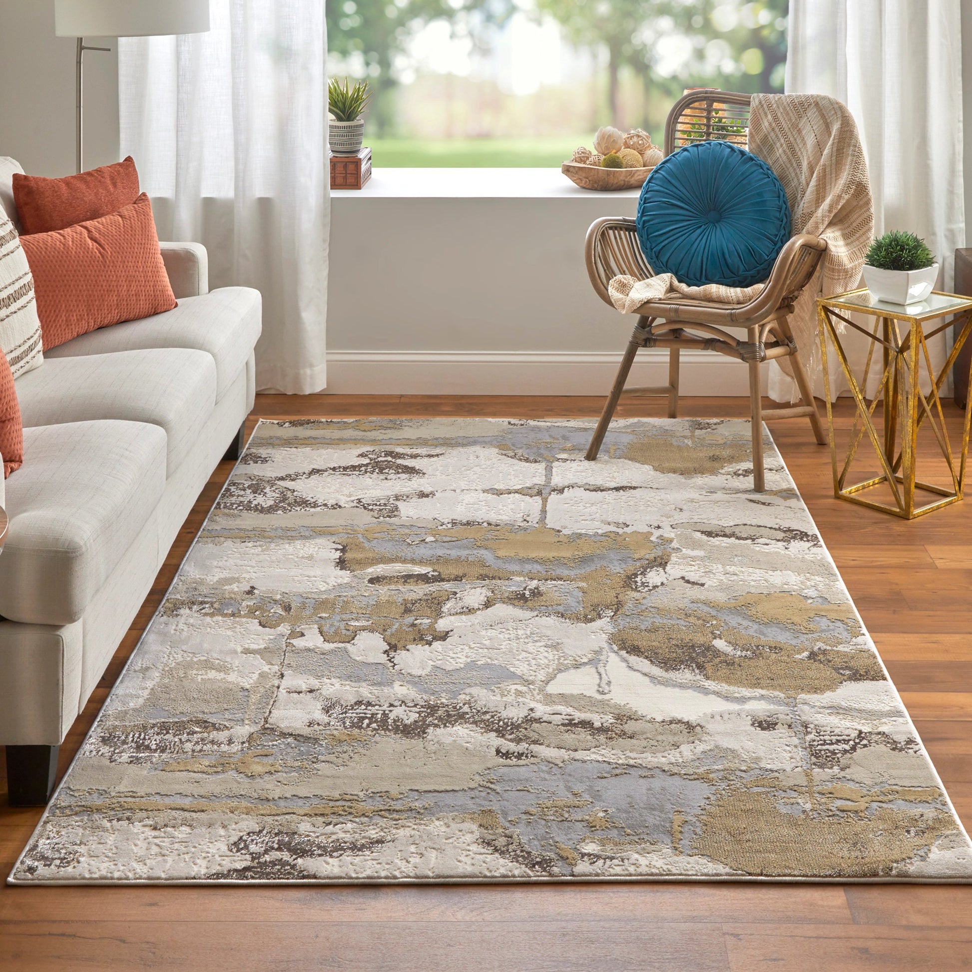 Aura Rug - 3737F by Feizy in gray, ivory, gold. Made from polyester, polypropylene in a unique style.
