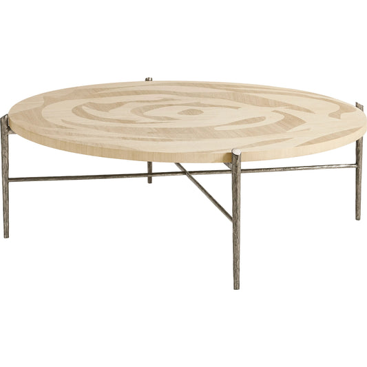 Tidepool Round Cocktail Table by Jonathan Charles in beige and natural dyed koto. Made from koto veneer, stainless steel in a unique style.